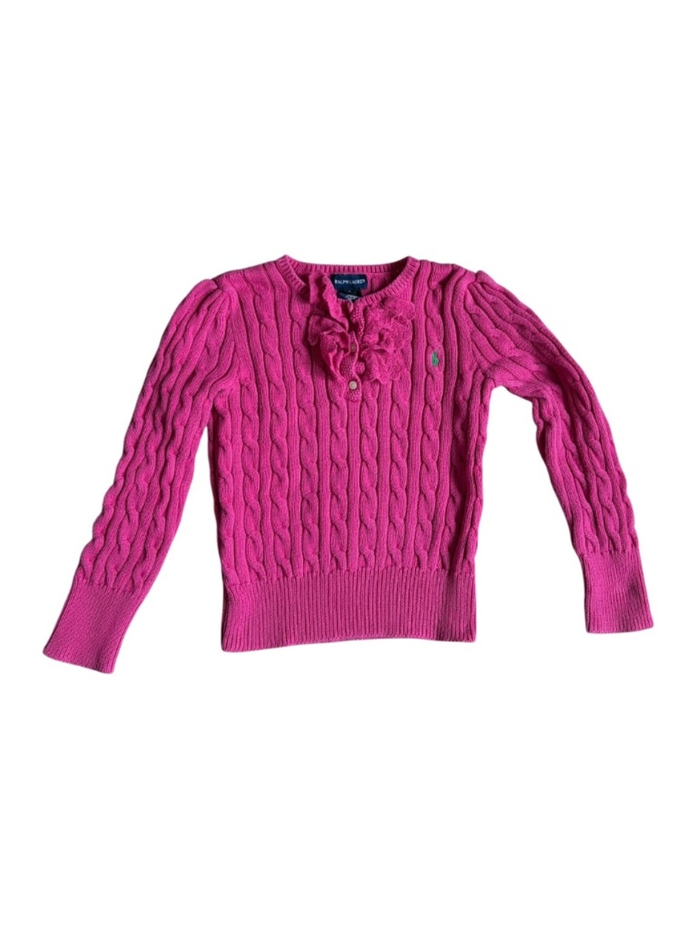Ralph Lauren Girls Size 6 Pink Cable Knit Ruffle Sweater Cotton